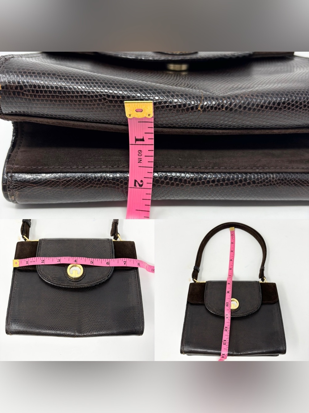 Gucci Vintage 1970s Blondie Logo Lizard & Suede Top Handle Bag Chocolate Brown - Picture 4 of 16